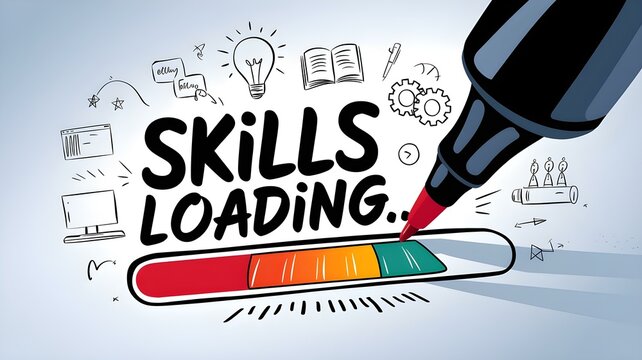 Creative Illustration of a Progress Bar with 'Skills Loading' Text, Featuring Various Icons Representing Learning and Development in a Modern, Fun Design
