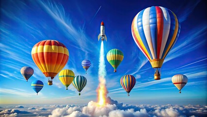 Obraz premium Colorful hot air balloons and rocket flying over blue sky with yellow trail fisheye