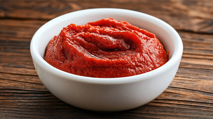 Close-up of a white bowl containing smooth red tomato paste on a wooden table surface