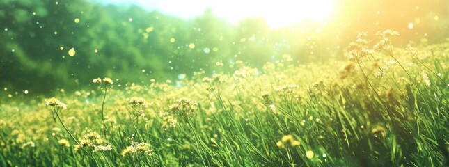 Obraz premium Sun shining through a field of grass and wildflowers with a blurred background.
