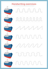 Basic writing exercises. Trace line worksheets for children. Preschool handwriting practice. Vector illustration. A4 - ready to print format