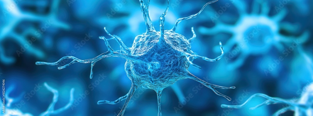 Poster a single neuron cell with dendrites and axons, surrounded by other neurons.