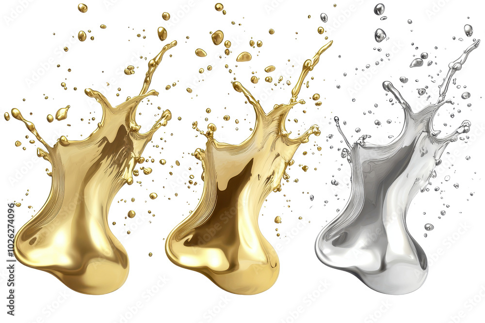 Poster dynamic splashes of gold and silver liquid with metallic reflections creating a vibrant and artistic