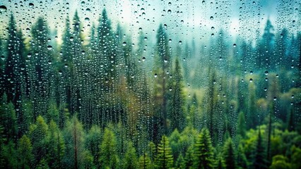 Misty rainy forest landscape viewed through wet window glass