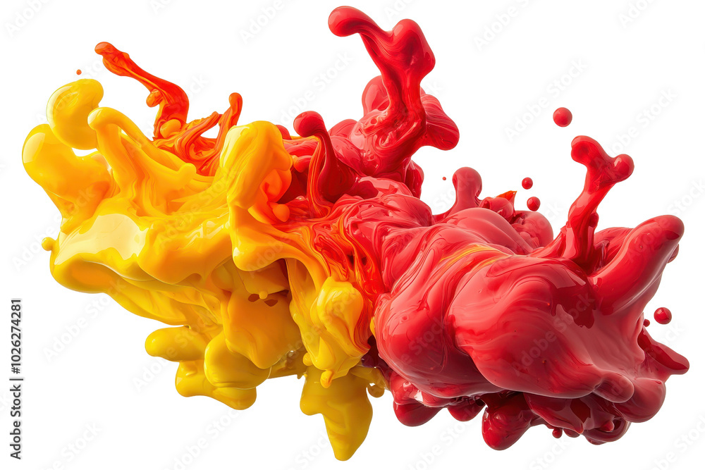 Poster vibrant yellow and red paint splashes collide in mid-air, creating a dynamic and colorful abstract d