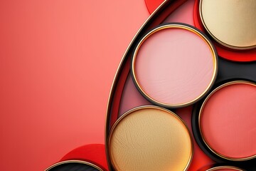 Set of gold, rose gold, black frame design. Abstract 3D circle backdrop for cosmetic product. Collection of luxury geometric background with copy space. Top view.
