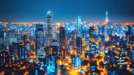 Naklejka premium A night view of a bustling cityscape with glowing skyscrapers and twinkling lights.