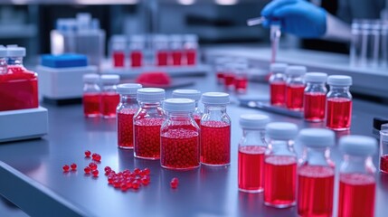 Obraz premium Laboratory Setup for Carminic Acid Extraction from Cochineal Insects with Red Liquid in Vials and Insect Samples Undergoing Processing
