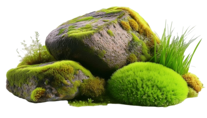  moss-covered rocks in natural settings on transparent background