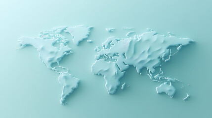 A 3D rendering of a world map in a light blue color.