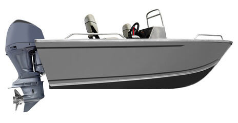 Side view gray boat with outboard engine
