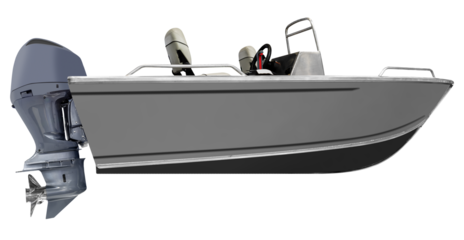 Side view gray boat with outboard engine