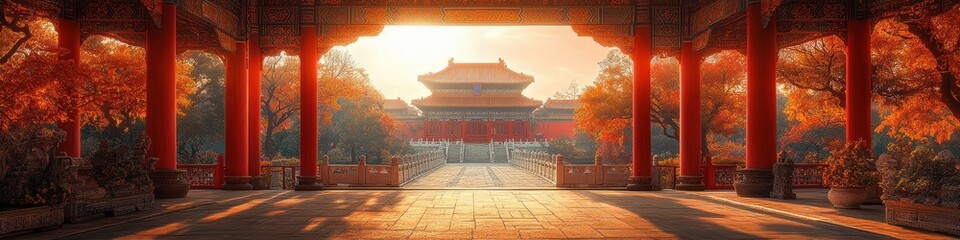 Fototapeta premium Majestic view of a traditional Chinese palace framed by vibrant autumn foliage at sunset.
