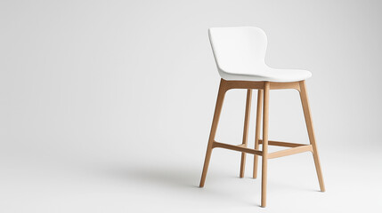 Minimalist wooden bar stool with a white cushioned seat against a plain gray background. Simple and modern furniture design.