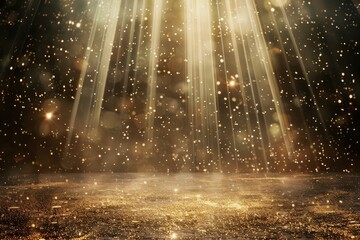 Stage light and golden glitter lights effect with gold rays, beams and falling glittering dust on floor. Abstract gold background for display your product. Shiny spotlight or stage