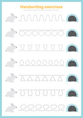 Basic writing exercises. Trace line worksheets for children. Preschool handwriting practice. Vector illustration. A4 - ready to print format