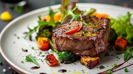 Modern Cultured Meat Dish with Vibrant Vegetables