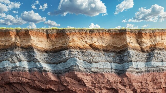 Conceptual image of a geological cross-section revealing layers of bedrock beneath the earth's surface, highlighting natural formations