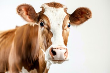 Surprised cow with goofy face mooing and looking at camera, isolated on white background. Close up portrait of funny animal.