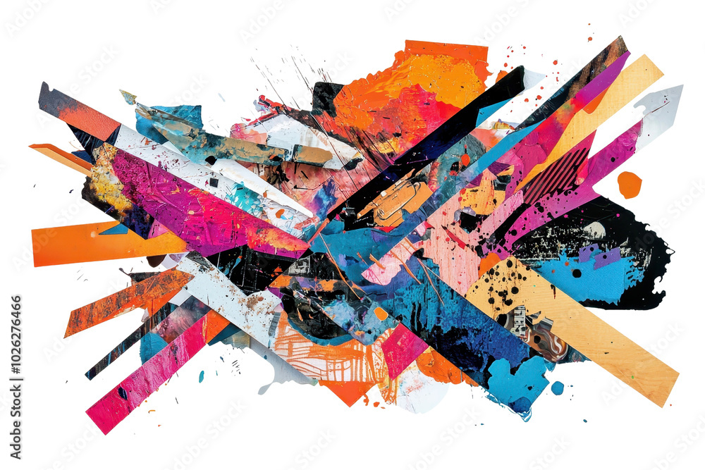 Poster vibrant abstract artwork with colorful geometric shapes and dynamic splatters, creating an energetic