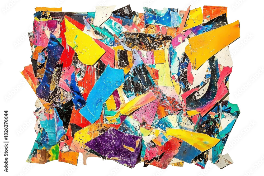 Poster vibrant abstract collage showcasing colorful geometric shapes and textures, creating a dynamic and e