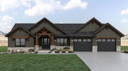 Fototapeta premium A minimalist contemporary house exterior with gray wood siding, stone columns, and two garage spaces, the landscape lights creating a welcoming ambiance.