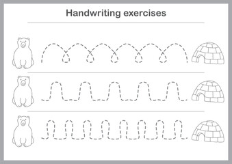 Basic writing exercises. Trace line worksheets for children. Preschool handwriting practice. Vector illustration. A4 - ready to print format