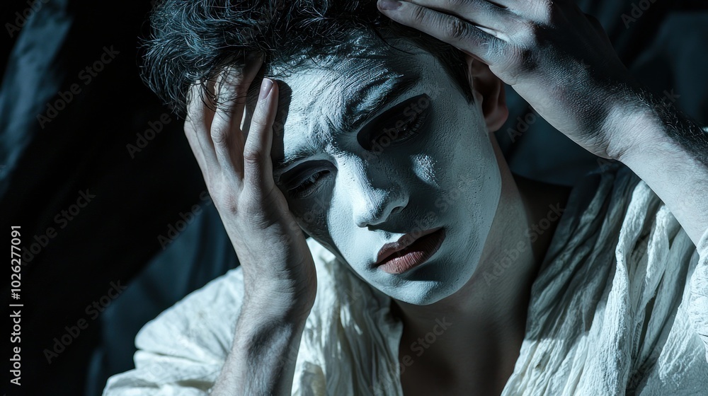 Poster conceptual image of an actor preparing for a role with costumes and makeup, illustrating the transfo