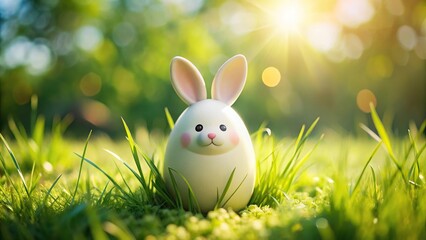 Mockup of Easter egg and cute chubby bunny on green meadow