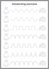 Basic writing exercises. Trace line worksheets for children. Preschool handwriting practice. Vector illustration. A4 - ready to print format