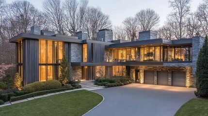 Fototapeta premium A modern house exterior with clean gray wood siding, large windows, and a two-car garage, bathed in soft landscape lighting as evening approaches.