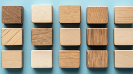 Assortment of wooden texture samples in various shades arranged on a blue background in a grid pattern.