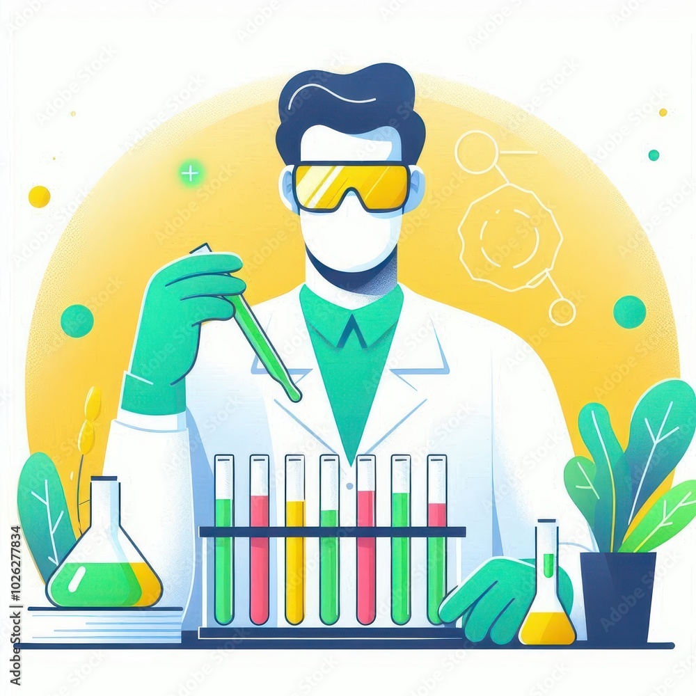 Poster a scientist in a lab coat conducts an experiment with colorful test tubes and lab equipment.