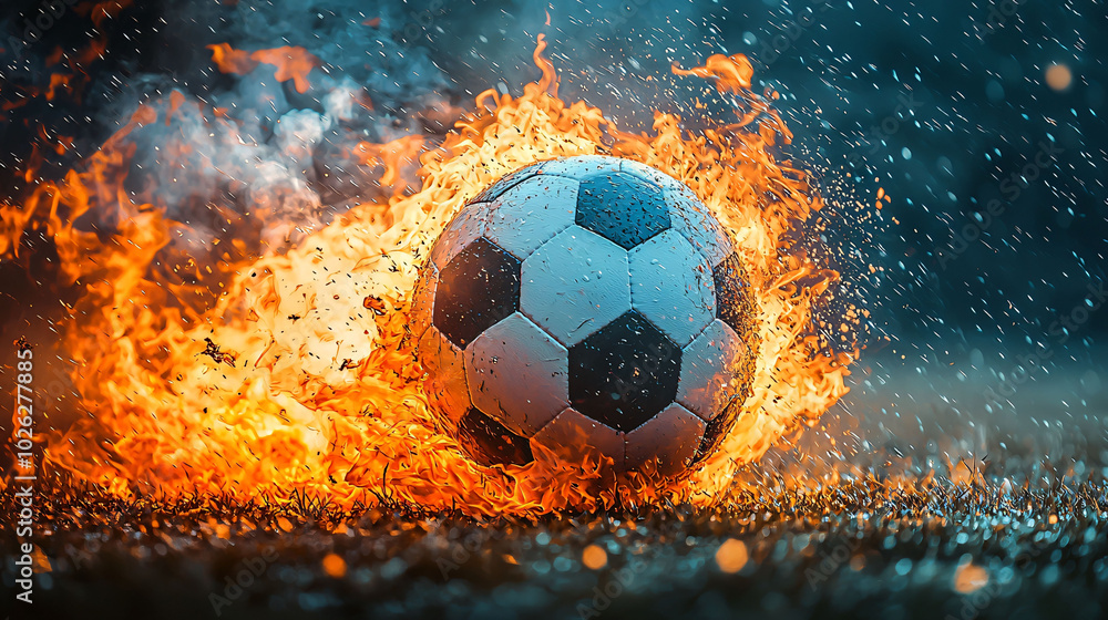 Poster dynamic soccer ball engulfed in flames, creating striking visual effect with sparks and water drople