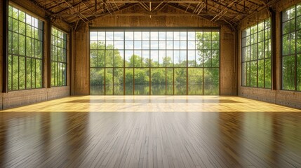 Fototapeta premium A modern room with large windows offering a panoramic view, featuring sleek hardwood floors and a spacious, airy design.