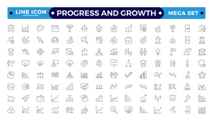 Progress and Growth icon set. Containing performance, gain, improvement, grow, chart, increase, evolution and development icons. Editable stroke outline icon.
