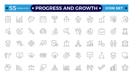 Progress and Growth icon set. Containing performance, gain, improvement, grow, chart, increase, evolution and development icons. Editable stroke outline icon.
