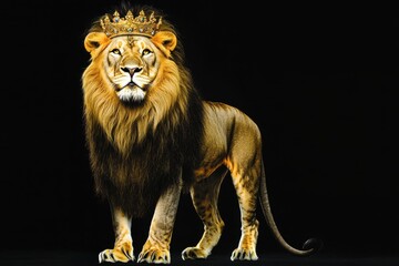 Obraz premium A majestic lion with a crown, symbolizing strength and royalty against a dark background.