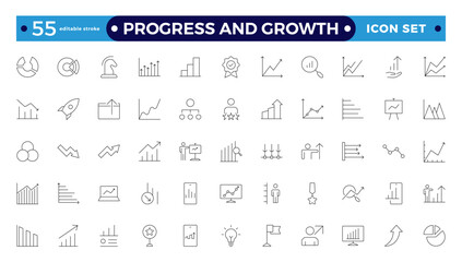 Progress and Growth icon set. Containing performance, gain, improvement, grow, chart, increase, evolution and development icons. Editable stroke outline icon.
