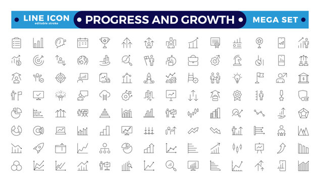 Progress and Growth icon set. Containing performance, gain, improvement, grow, chart, increase, evolution and development icons. Editable stroke outline icon.
