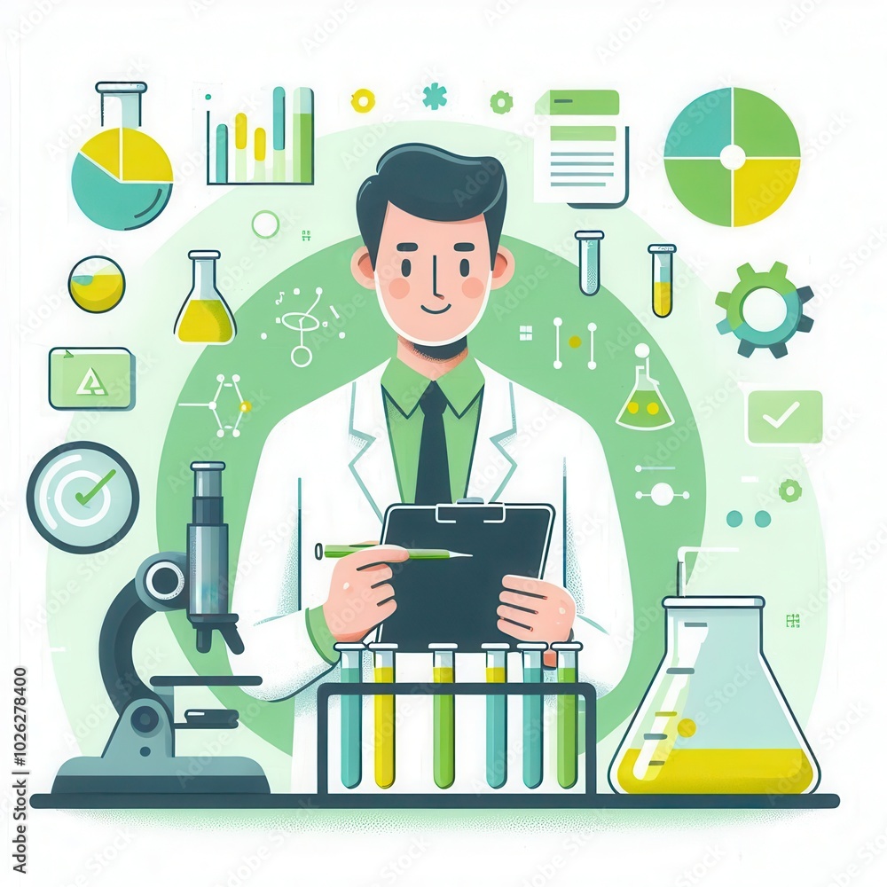 Poster a scientist in a lab coat holding a clipboard surrounded by laboratory equipment and data visuals.