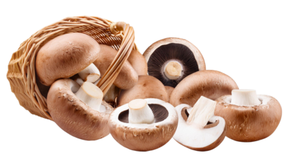 Portobello Agaricus bispor mushrooms fungus fungi vegetable, many angles and view side top front basket slice on transparent background