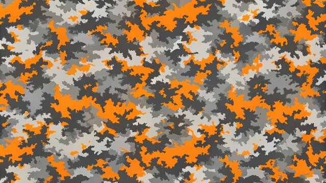 Modern abstract grey and orange camo pattern with grunge style aesthetic seamless repeatable background symmetrical
