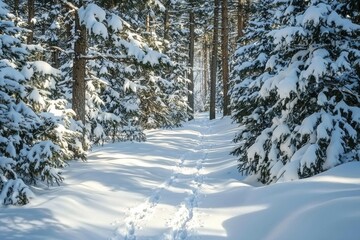 A serene winter pathway through snow-covered trees, inviting exploration and tranquility in a peaceful natural setting.