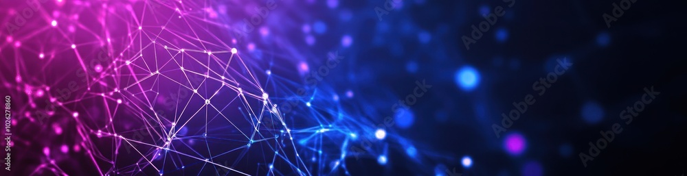 Poster abstract background with pink and blue glowing lights and a connected web of lines.