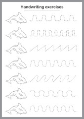 Basic writing exercises. Trace line worksheets for children. Preschool handwriting practice. Vector illustration. A4 - ready to print format