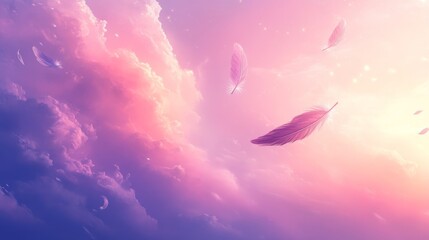 White Feathers Falling Through a Dreamy Pink and Purple Sky