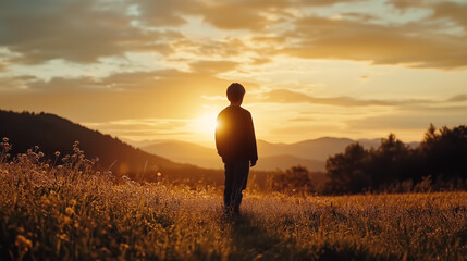 Silhouette of a boy against sun in middle of a meadow at sunset, sky, warm light, mountains in background.  Copy space, aspect ratio 16:9