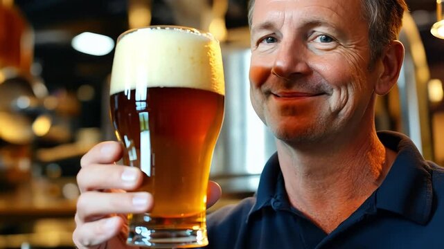 A brewer holding a pint of beer and looking directly at the camera