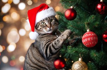 Obraz premium Cat playing with the christmas tree and gifts, funny cat in red santa hat